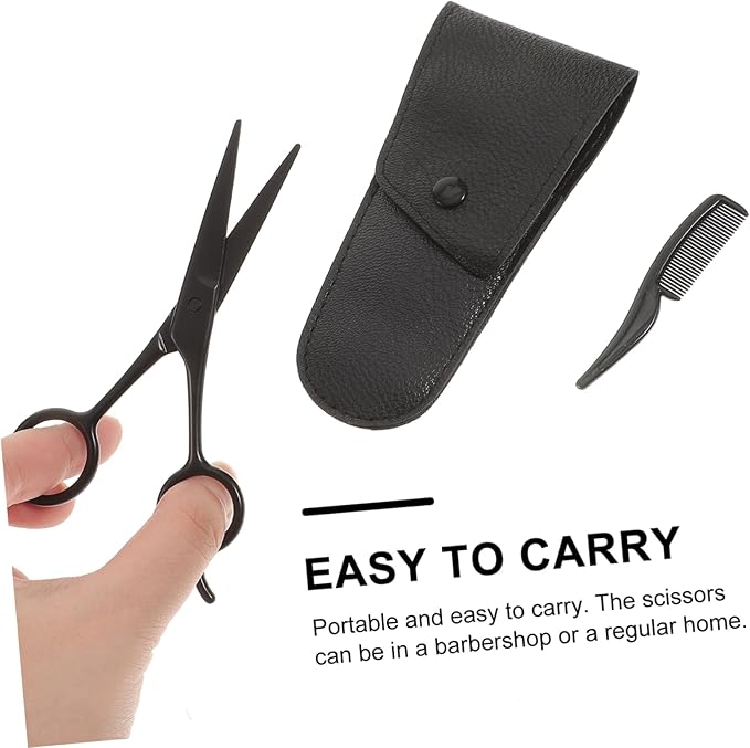 minkissy 3pcs Beard Trimming Scissors Set with Comb and Pu Leather Storage Bag Stainless Steel Mustache and Eyebrow Care Tools for Professional and Home Grooming