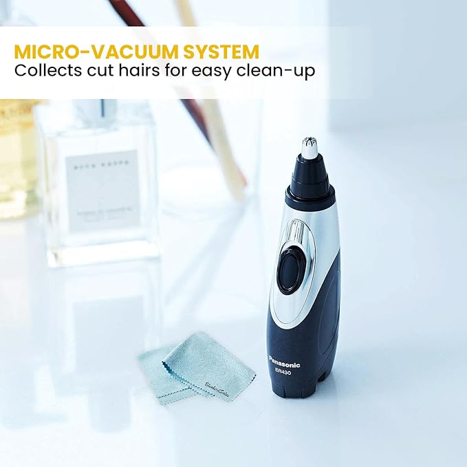 Panasonic Shaver ER430K Nose, Ear and Facial Hair Trimmer Wet/Dry with Vacuum Cleaning System with BluebirdSales Travel Case, Cleaning Cloth and 4 AA Battery Pack