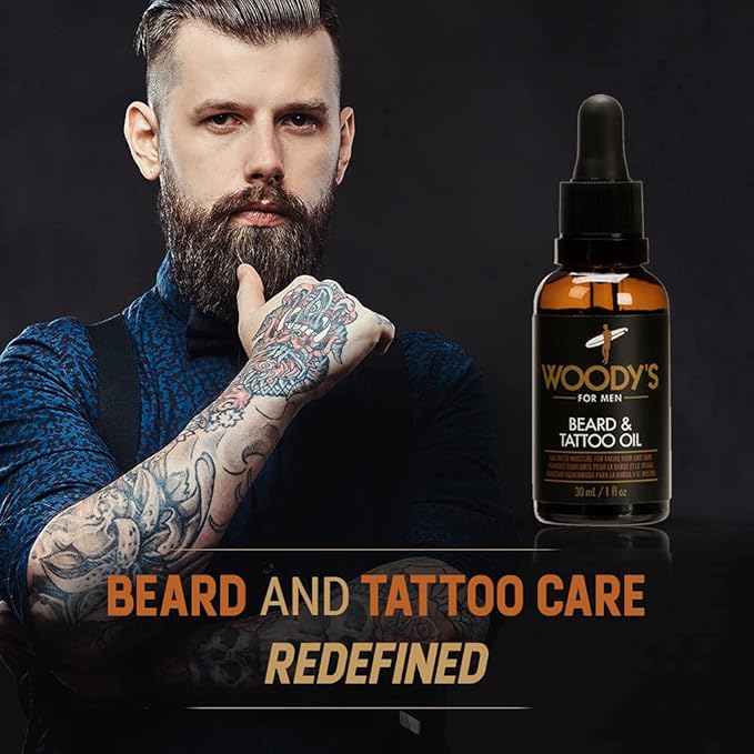 Woody's Tattoo & Beard Oil for Men - Hydrating & Conditioning Mens Beard Oi for Mustache Facial Hair & Tattoo Enhancement, 1 fl oz, 2 Pack