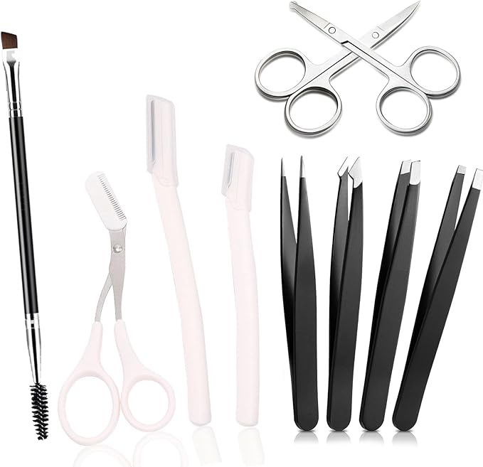 Precision Eyebrow Grooming Kit - 9 in 1 Professional Eyebrow Shaping Set - Tweezer Kit, Razor, Brush, Scissors, Nasal Hair Clipper - Black