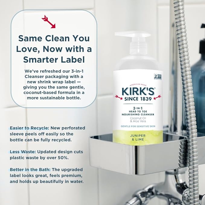 Kirk's 3-in-1 Head to Toe Nourishing Liquid Cleanser- for Men, Women & Children - Premium Coconut Oil & Aloe Vera- Non GMO & Vegan -Juniper & Lime - 32 Fl Oz