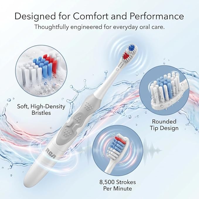 RCA Sonic Revolution Electric Toothbrush for Adults – Battery Powered Sonic Toothbrush with High-Frequency Vibration, Spin Brush Action, Soft Bristles & Extra Brush Heads