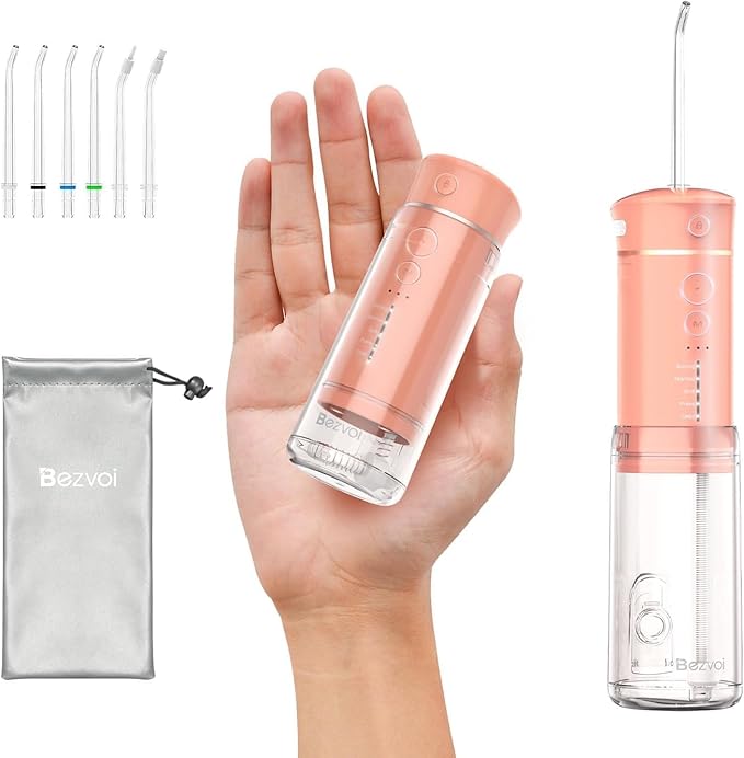 Water Flosser Mini Cordless Portable: 5 Modes Travel Water Dental Floss with Telescopic Water Tank, IPX7 Waterproof Oral Irrigator for Teeth Cleaning Gums,Orthodontic,Braces Dental Care (Peach Fuzz)