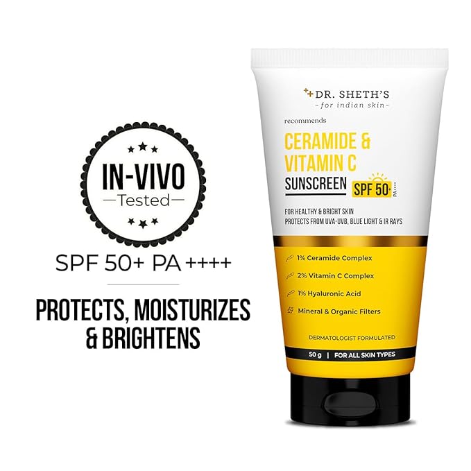 Dr. Sheth's Ceramide & Vitamin C Sunscreen SPF 50+ PA+++ | One Step Routine for Summer | For Women & Men | UVA UVB Sun Protection | 1.76 Oz / 50g