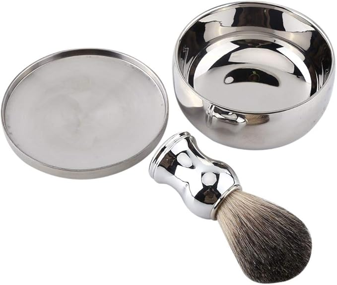 Men's Shaving Set with Alloy Soap Mug Bowl & Lid, Silver Handle Faux Hair Brush, Professional Grooming Kit for Men's Daily Shaving Routine - Complete Wet Shaving Essentials