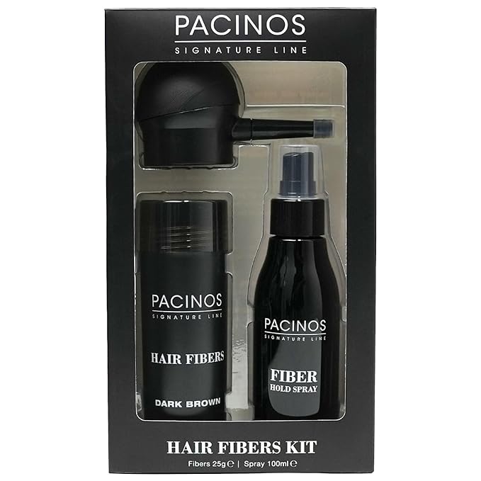 Pacinos Hair Fiber Kit - Conceal Thinning Hair Instantly with Fiber Hold Spray - Dark Brown