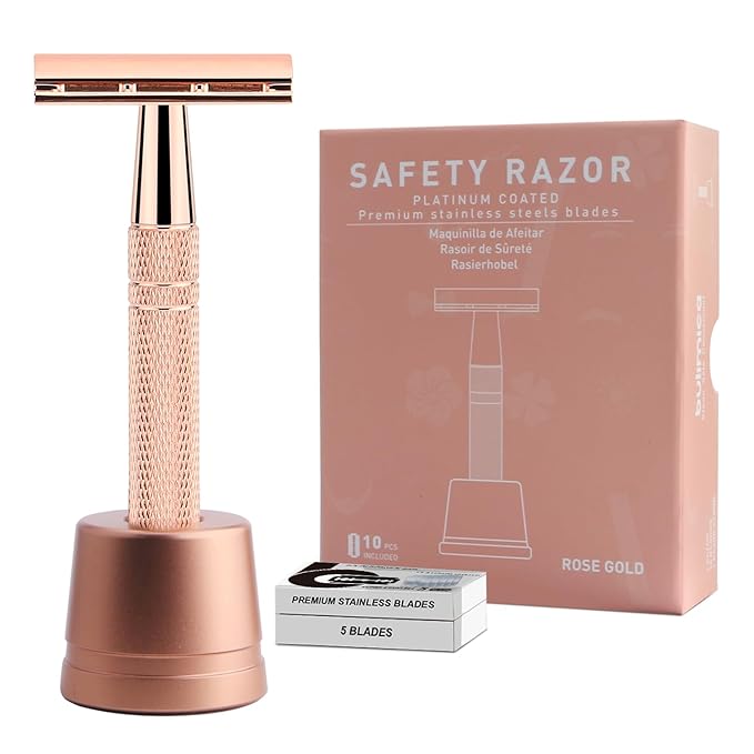 Double Edge Safety Razor with Stand, Reusable Metal Single Blade Razors for Men and Women, with 10 Platinum Coated Double Edge Safety Razor Blades, Women's Safety Shaving Razors, Rose Gold