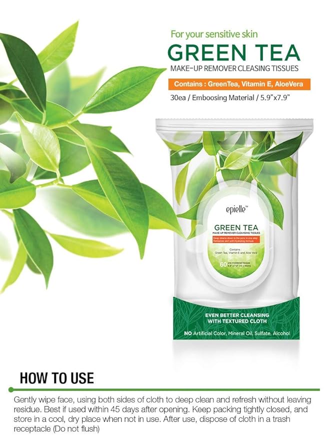 Epielle Green Tea Makeup Remover Wipes, Gentle Daily Facial Cleanser Towelettes, Remove Dirt, Oil & Waterproof Mascara, Stocking Stuffers, 60 Count (Pack of 2)