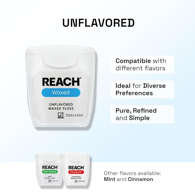 REACH Waxed Dental Floss,Unflavored, Plaque Remover for Teeth, Shred Resistant, Floss Slides Smoothly, Easy to Use, Waxed, Deep Cleaning Teeth, Oral Care, PFAS Free, for Adults & Kids, 1 Pack, 55 yd