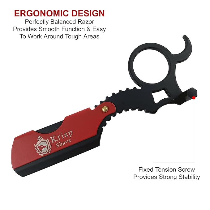 Professional Straight Razors For Men, Barber Razors Straight Edge Razor Kit For Close Shaving - Beard Cut Throat Finger Razor Safety Shavette With 10 Shaving Blades By Krisp Beauty (Black/Red)