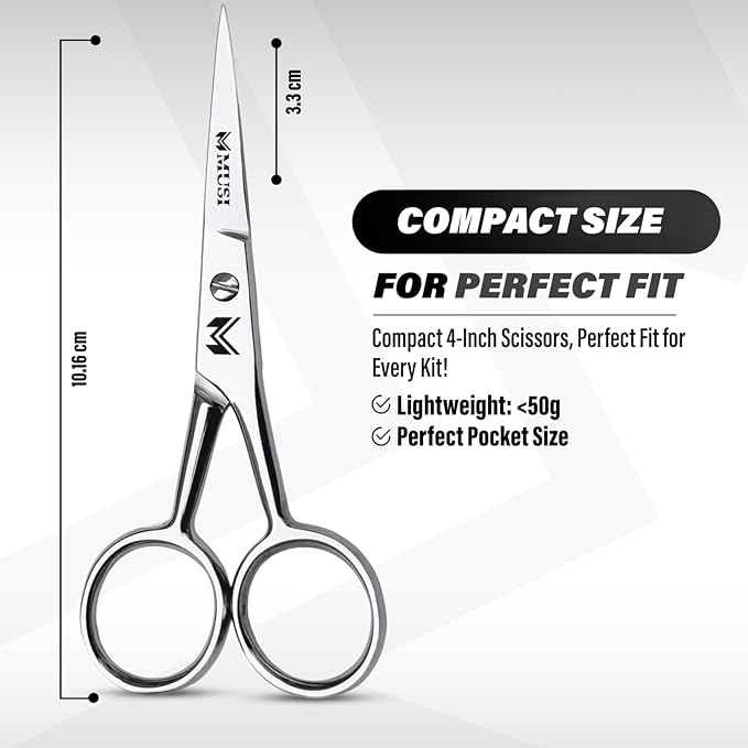 MUSI 4 Inch Eyebrow Scissors - Muti-purpose Small Scissors for Mustache, Beard, Nose Hair, Nail, Ear & Eyelash Trimming - Professional Stainless Steel Mini Grooming Scissors for Men Women with Comb