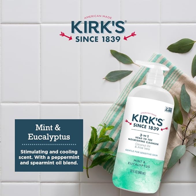 Kirk's 3-in-1 Head to Toe Nourishing Liquid Cleanser - for Men, Women, & Children - Premium Coconut Oil & Aloe Vera - Non GMO & Vegan - Mint and Eucalyptus - 32 Fl Oz. 2 pack