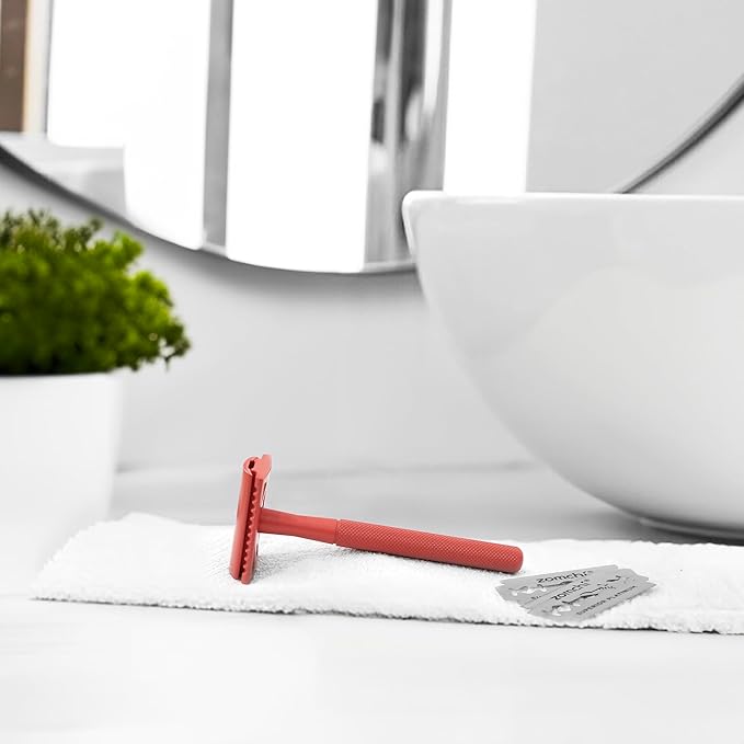 ZOMCHI Single Blade Double Edged Safety Razor with 5 Safety Razor Blades, Metal Razor for Men & Women, Single Blade Razor – Light Coral