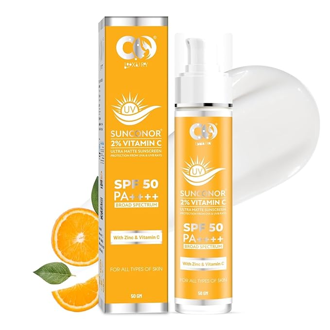 2% Vitamin C Sunscreen SPF 50 PA+++ | Water Resistant & Non-Greasy, Broad Spectrum Sunblock with Vitamin C, Zinc Oxide & Glycerine | Matte Finish, UVA/B Sun Protection for Women & Men | 50 gm