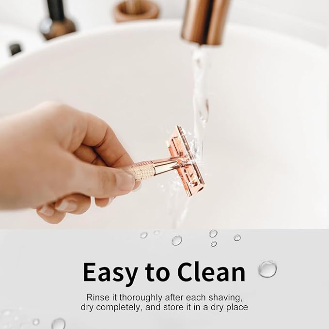 Shiny Rose Gold Safety Razor, Single Blade Razors for Women, with 10 Stainless Steel Double Edge Blades, Reusable Metal Razor, Eco-Friendly, Smooth and Close Shave, Sustainable, Plastic Free