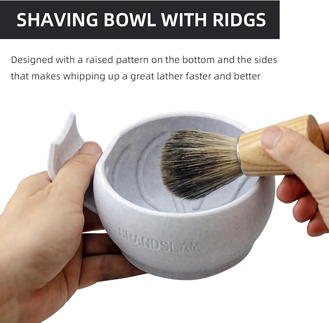 Grandslam Shaving Bowl with Ridges, Shaving Mug with Brush Stand, Shaving Soap Bowl for Shaving Cream and Soap, Durable & Holds Heat Longer, Rich & Thick Lather, Great for Traveling and Use at Home