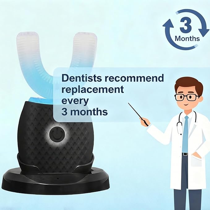 U-Shaped Toothbrush for Adults, All-in-One Foam Mousse & Ultrasonic Clean, Hands-Free with 4 Brush Heads, Blue LED Light, Advanced Charging Base (Black)