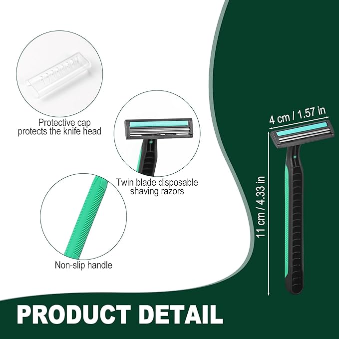 Disposable Twin Blade Razors in Bulk, Individually Wrapped - Clear Safety Cap, For Homeless, Hotel, Airbnb, Travel (pack of 200,green)