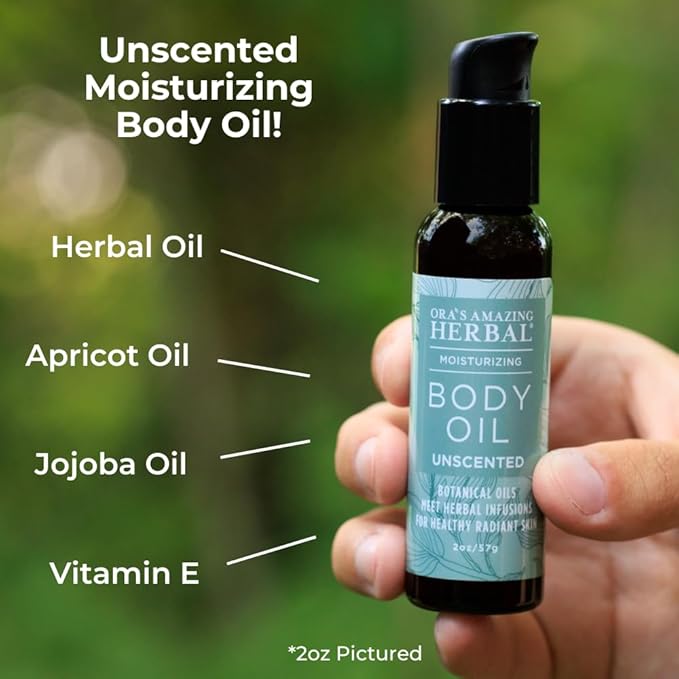 Ora's Amazing Herbal Unscented Body Oil, Fragrance Free Massage Oil with Pump, Moisturizing Body Oils for Men and Women, Herbal Infused Grapeseed Jojoba & Apricot with Calendula, 7.5 Fl Oz