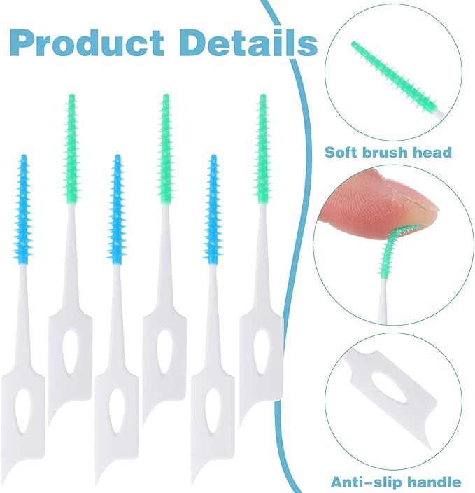 Dental Floss Picks, 300 Pcs Dual-Use Interdental Brushes Soft Silicone Disposable Dental Picks Dual-Ended Toothpick Braces Brush for Effective Teeth Cleaning (Green + Blue)