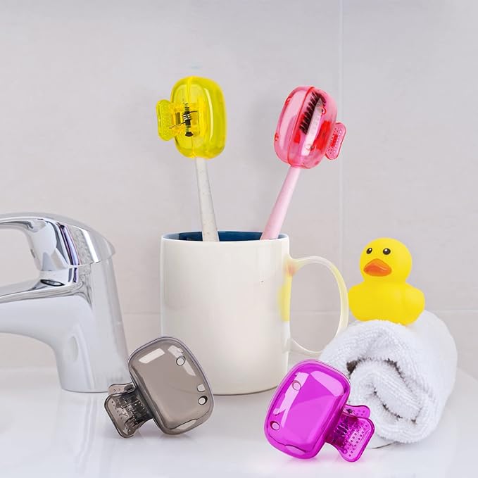 Hxezoc 4 Pack Travel Toothbrush Head Covers Toothbrush Protector Cap Brush Pod Case Protective Portable Plastic Clip for Household Travel, Camping, School, Bathroom, Business