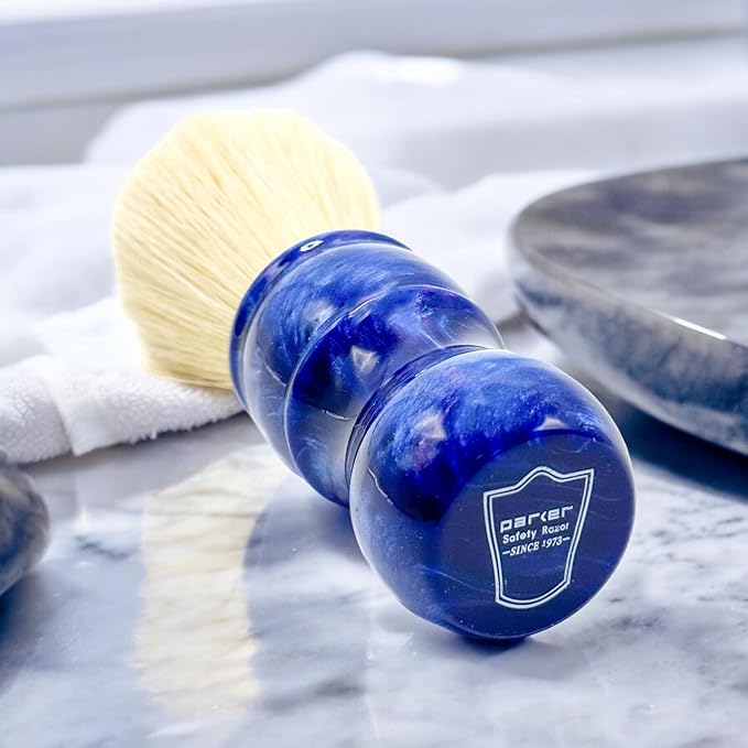Parker Safety Razor, THE BIG BLUE BOAR, Deluxe Iridescent BlueHandle 100% Boar Bristle Shaving Brush, Large 24 MM Brush knot for a Better Lather! Shave Stand Included