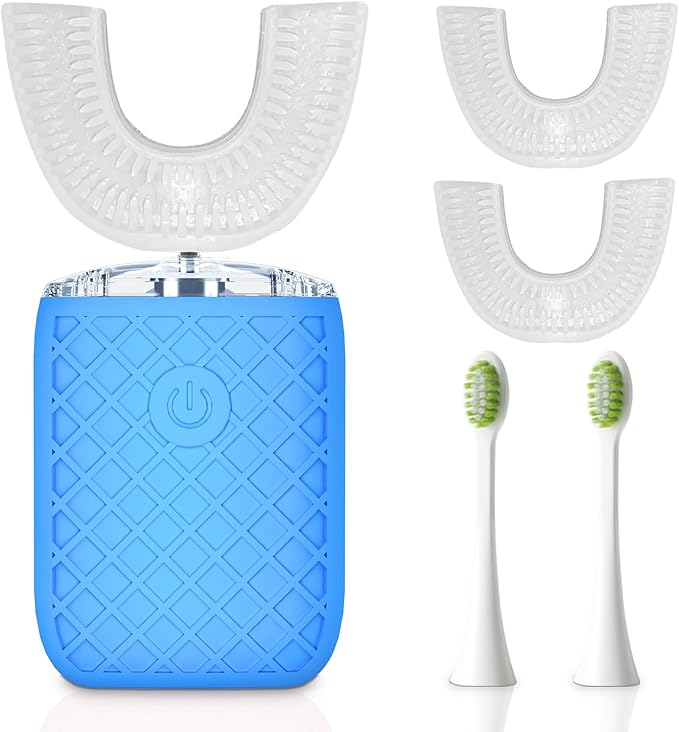 Adult Sonic Automatic Electric Toothbrush, 360° Oral Cleaning Stain Whitening, IPX7 Waterproof Rechargeable, u-Shape Brush Head*3+Straight Handle Brush Head*2 (Azure Blue)