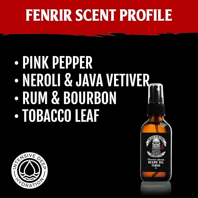 Mad Viking Fenrir Beard Oil – Hydrate, Soften, And Grow Your Beard Naturally. Fight Itch And Dandruff With A Bold Neroli, Rum & Tobacco Scent. Made In The USA - 2oz