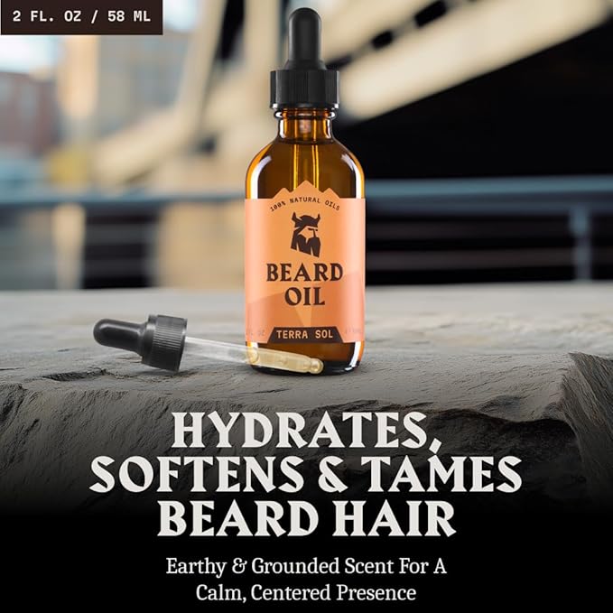 Striking Viking Beard Oil for Men - Naturally Derived Conditioner with Almond, Tea Tree, Argan & Jojoba Oil for Beard Growth, Softening & Moisturizing (2 Fl Oz (Pack of 1), Terra Sol)