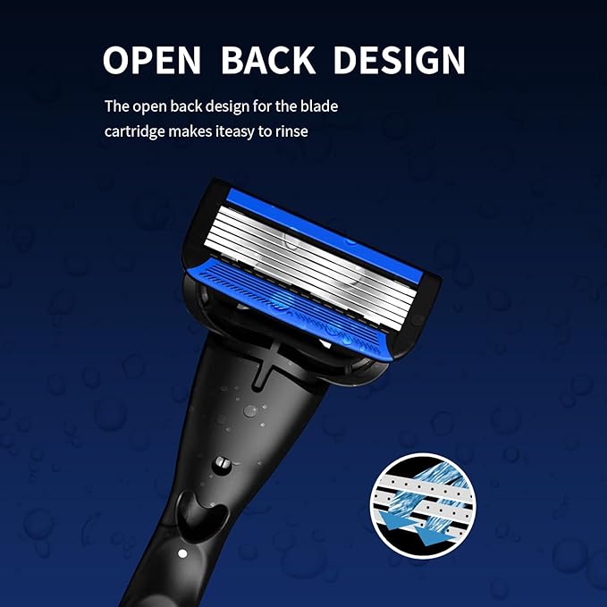 6-Blade Razor,Plastic Anti-slip Men Manual Refill Cartridges razors, 1 handle and 8 refill razor cartridges, Reusable Face Cleansing Care Tool, Shave Supplies for Men and Women - Black