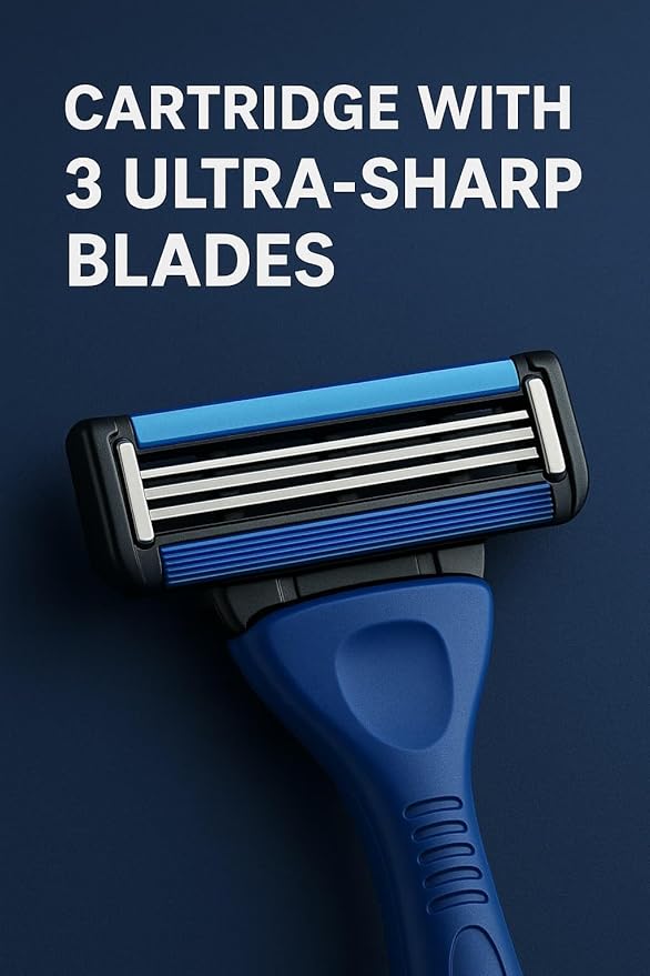 Men’s Razor System – Pivoting Triple-Blade Handle with Aloe Lubricating Strip, Nano-Coated Blades, Anti-Slip Grip + 4 Replacement Cartridges