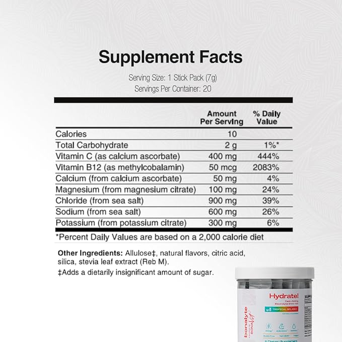 Electrolytes Powder Packets - 20 Stick Packs - Electrolytes Sugar Free - Tropical Flavour - Instant Hydration Packets - Running Essentials - Gluten Free, Non-GMO - BonaLyte