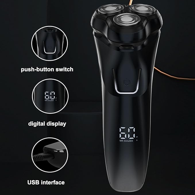 Electric Razor for Men Cordless: Wet/Dry Rotary Shaver Waterproof - USB Fast Charging, Precision Blades Sensitive Skin Care, Pop-up Trimmer Upgraded Elegant Black