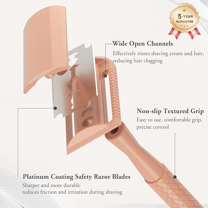 Beige Safety Razor - Single Blade Razors for Women - Reusable Metal Razor, with 5 Stainless Steel Double Edge Blades, Smooth Close Shave, Sustainable, Plastic Free