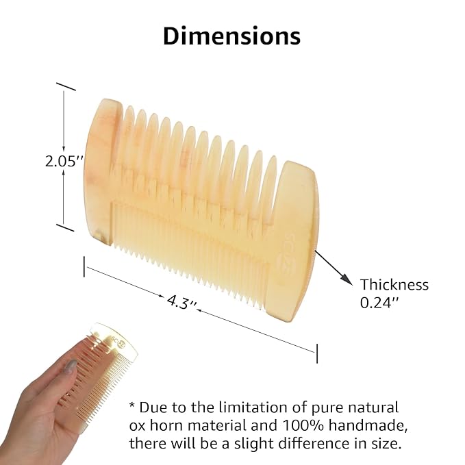 Untreated 4.3 inch Real Ox Horn Curly Hair Picks Beard Mustache Comb, Handmade Fine Wide Tooth Double Sided Small Pocket Travel, Anti-static Detangling Massage Scalp Gua sha for Women Men