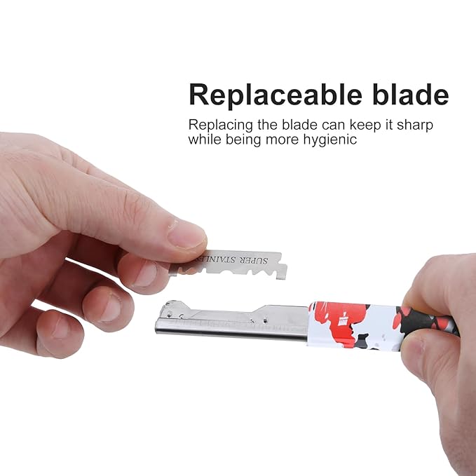 Professional Straight Razor Holder for Barbers – Folding Shaving Razor Handle, Stainless Steel Blade Compatible, for Barber Shop & Home Grooming (Black Red)