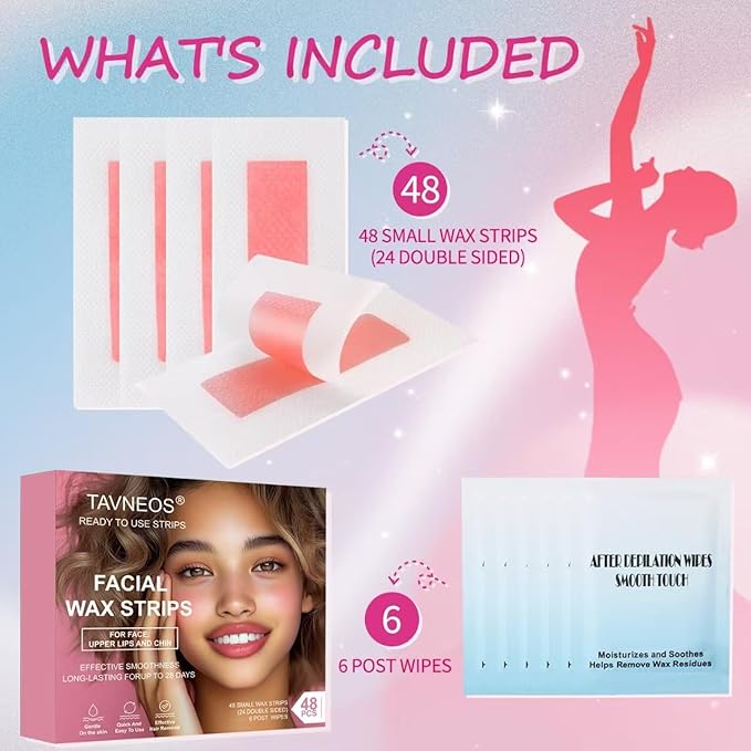 48 PCS Facial Wax Strips for Hair Removal on Face & Body | Gentle Rose Extract Formula for Sensitive Skin | At-Home Waxing Kit for Eyebrows, Upper Lip, Bikini, Brazilian with 6 Calming Oil Wipes