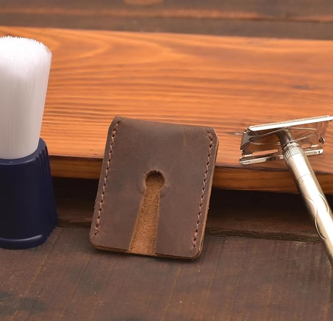 Leather Safety Razor Cover – Handmade Double Edge Razor Head Protector for Travel, Full-Grain Leather Snap-On Shaving Razor Case, Durable DE Blade Guard for Men (Dark Brown)