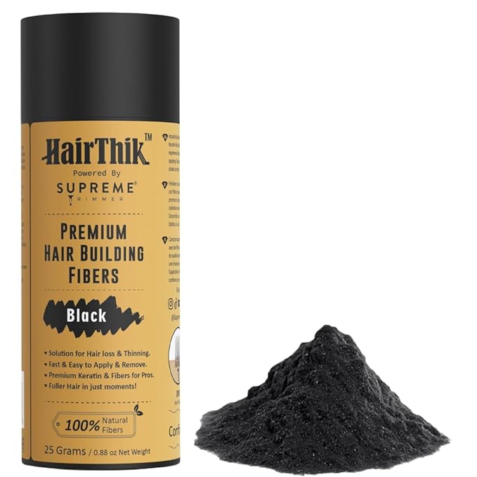 Supreme Trimmer Hair Building Fibers - Instantly Fill in Fine or Thinning Hair for Thicker, Natural, Fuller-Looking Hair for Men & Women – Hair Thinning & Balding Solution | Black, 25 Grams