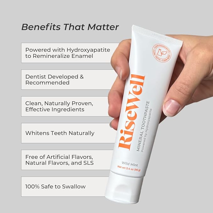 RiseWell Mineral Toothpaste - All Natural Toothpaste with Hydroxyapatite - Made in The USA, No Added Fluoride, Natural SLS-Free Toothpastes - for a Stronger and Healthier Teeth, Wild Mint, 3.4 Oz