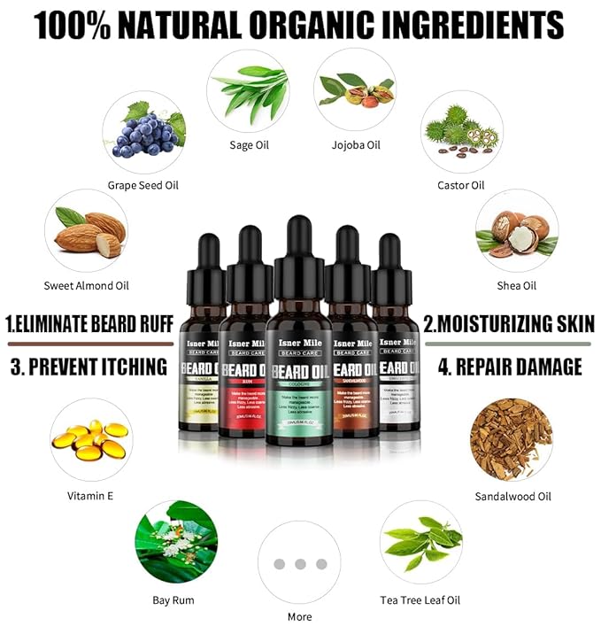 ISNER MILE Beard Oil Kit Stocking Stuffers: Gifts for Men Him Dad Boyfriend, Mustaches Conditioner - Soften - Strength with Sandalwood, Bay Rum, Vanilla, Cologne, Unscented, Beard Grooming and Care