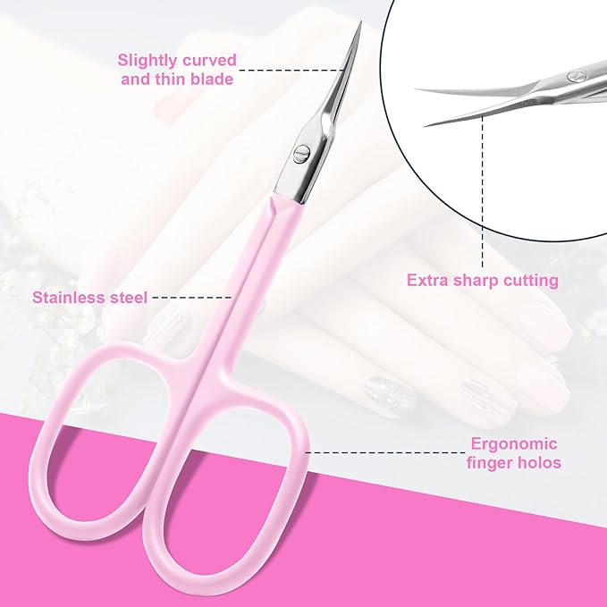 CGBE Cuticle Scissors Extra Fine Curved Blade, Super Slim Manicure Scissors for Cuticles Professional Small Scissors with Precise Pointed Tip Grooming Blades, Eyebrow, Eyelash, and Dry Skin - Pink
