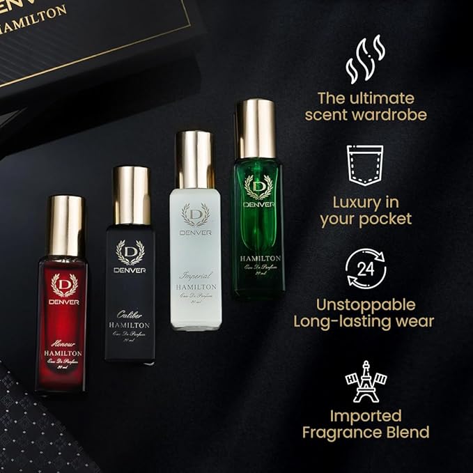 Denver Hamilton Luxury Gift Set for Men, 4 x 0.68 Fl Oz Eau de Parfum Collection | Hamilton, Caliber, Imperial and Honour | Long-Lasting Fragrance and Odor Protection