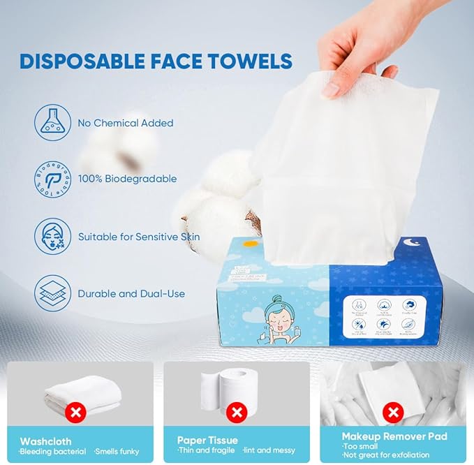 Orighty Disposable Face Towel, Biodegradable Clean Facial Towels, Super Soft Makeup Remover Wipes, Absorbent Facial Wash Cloth for Makeup Removing, Facial Cleansing, Nursing, Outdoor, 100 ct, 1 pack