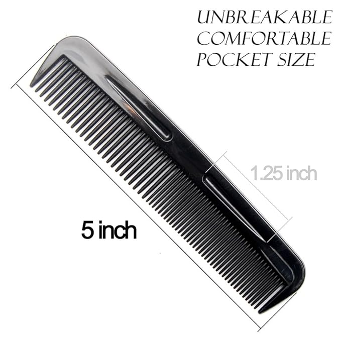 (6 Pack) 5" Pocket Black Plastic Handle Beard & Mustache Hair Comb Designed for All Hair Types (B)