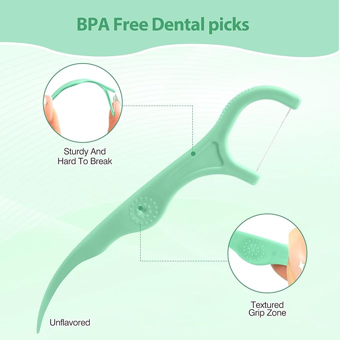 Floss Picks - 200 Count Wear Resistant Dental Floss Picks BPA Free Durable Dental Floss Ergonomic Design 2 in 1 Tooth Picks Flossers for Teeth Cleaning 2 Pack Green