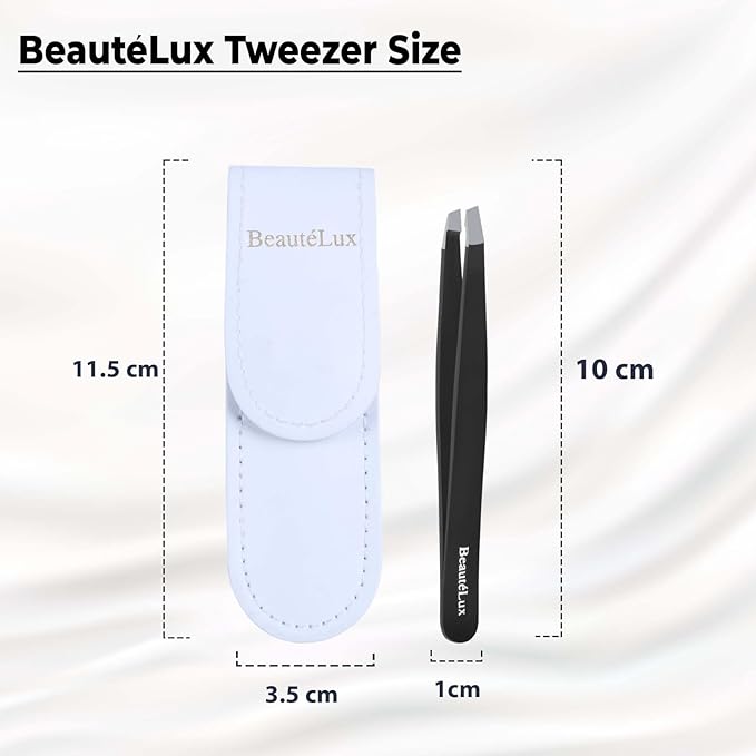 Premium Slant Tip Eyebrow Tweezer (Black), Stainless Steel Precision Tweezers for Men & Women, Facial Hair Removal with Leather Case