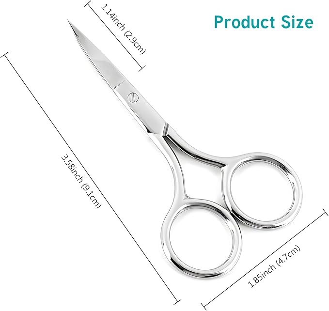 Facial Hair Grooming Scissors for Men & Women: Eyebrow, Nose Hair, Mustache, Beard, Eyelashes, Ear Trimming Kit - Curved & Rounded Safety Tip Clippers - 2PCS Silver.