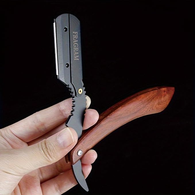 wooden handle manual shaving razor with replacement blade compatible with S23 stainless steel hair clipper, used for shaving razors (剃须刀架+10片刀片)
