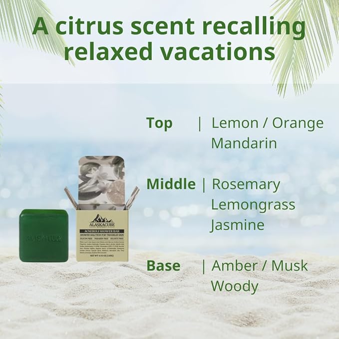 Acneroli Shower Bar Bath Soap Citrus Lemon Mandarin Scent Total Solution for Troubled Skin with Salicylic Acid and Teatree Extract, Rich Foam | Body Wash, Shampoo for Men and Women 4.93oz
